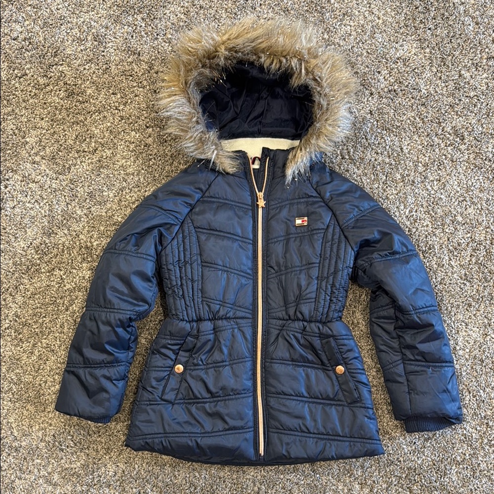 Tommy Hilfiger Kids Navy Puffer Jacket with Faux Fur Hood